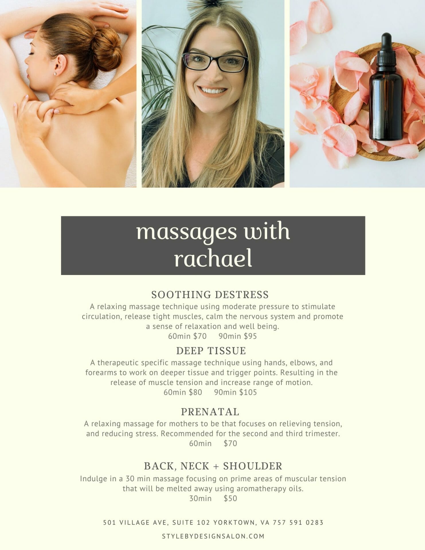 Our Massage Services | Style by Design Salon - Hair & Nail Salon in Yorktown & Williamsburg Our Massage Services | Style by Design Salon - Hair & Nail Salon in Yorktown & Williamsburg